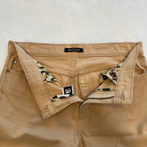 Roberto Cavalli Tan Cotton Stretch Gold Metal Pocket Logo Straight Pants Size 8 - Picture 4 of 11